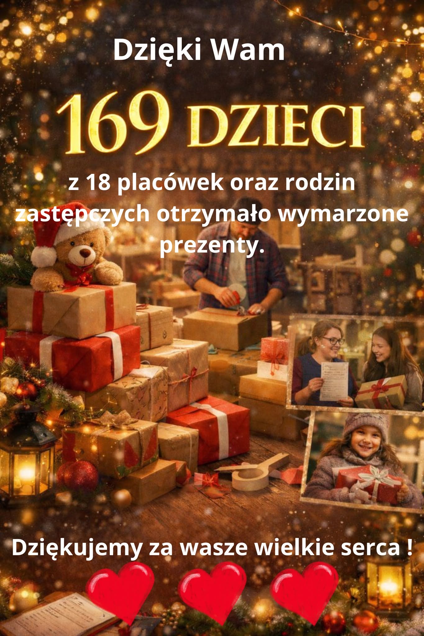 Świąteczne podziękowanie za prezenty dla 169 dzieci z 18 placówek oraz rodzin zastępczych
